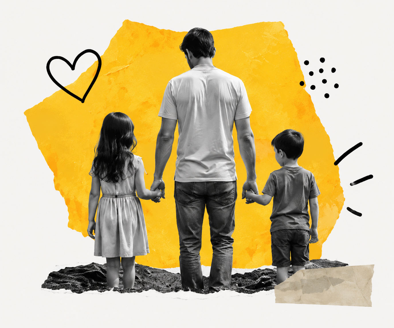 Pai de mãos dadas com a filha e o filho