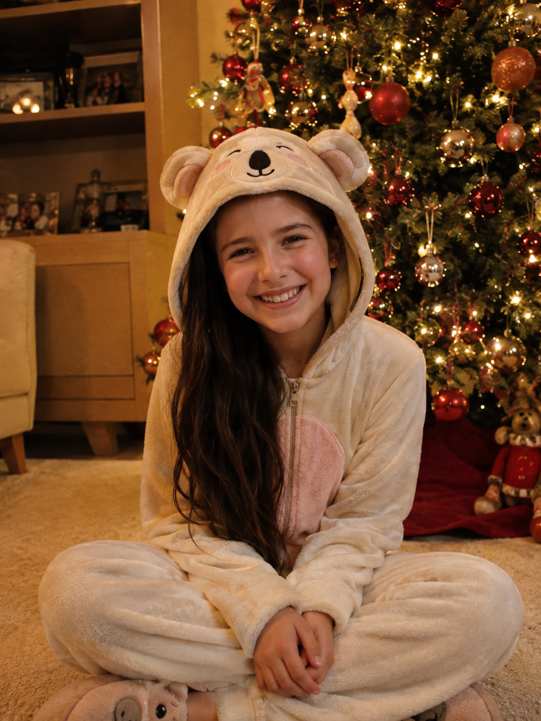 Helena de pijama, em frente à árvore de Natal